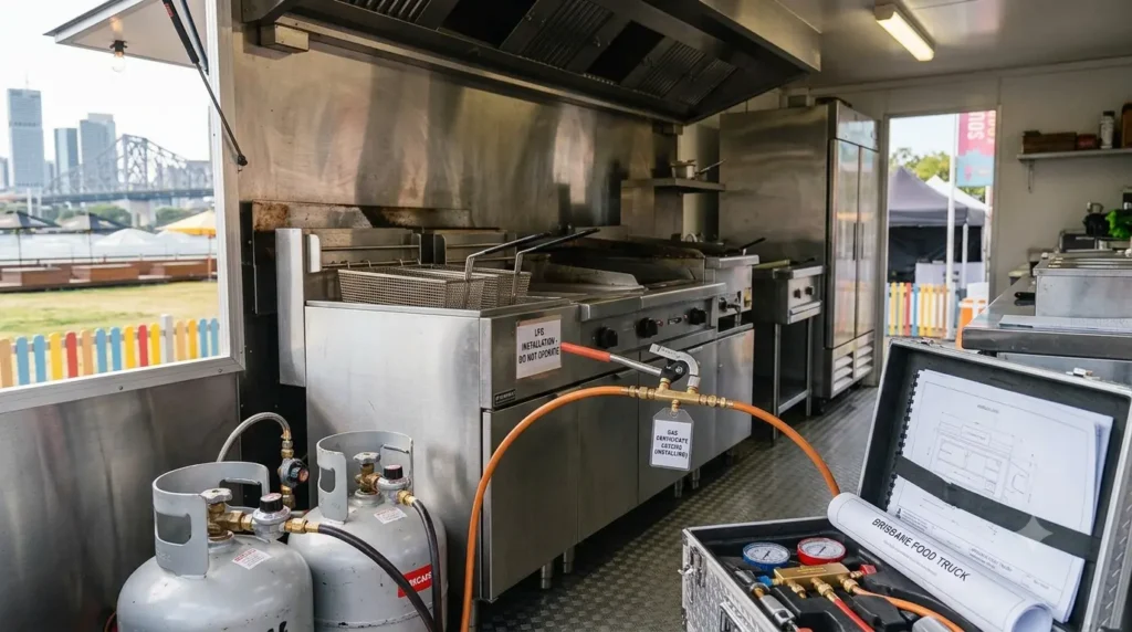 Licensed gas fitter installing LPG pipework inside a Brisbane food truck.