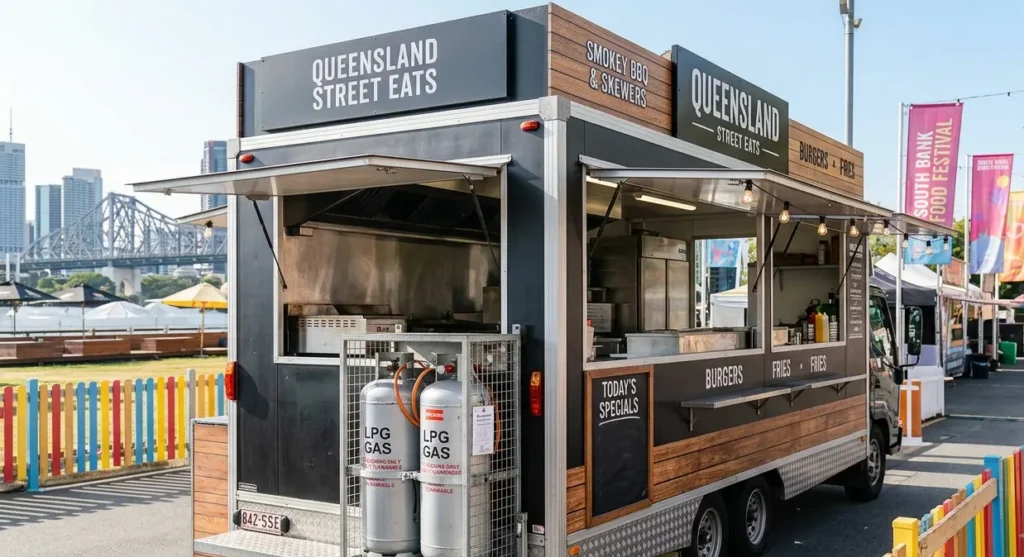 Modern food truck operating at a Brisbane food festival with professionally installed LPG gas system.