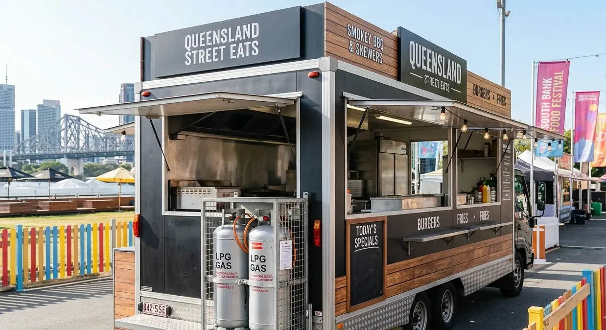 Modern food truck operating at a Brisbane food festival with professionally installed LPG gas system.